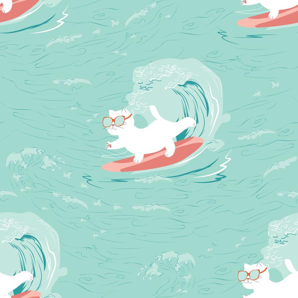 Seamless summer pattern with surfing cat vector