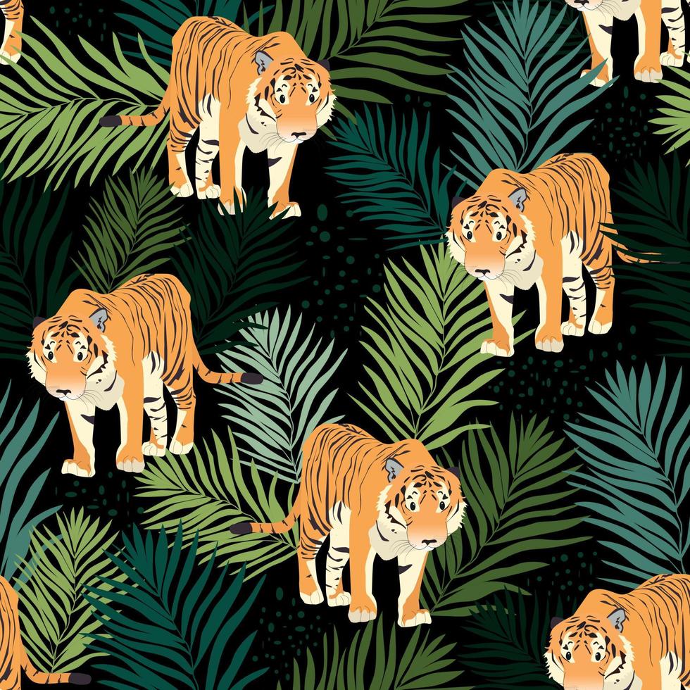 Seamless pattern with tigers and leaves vector