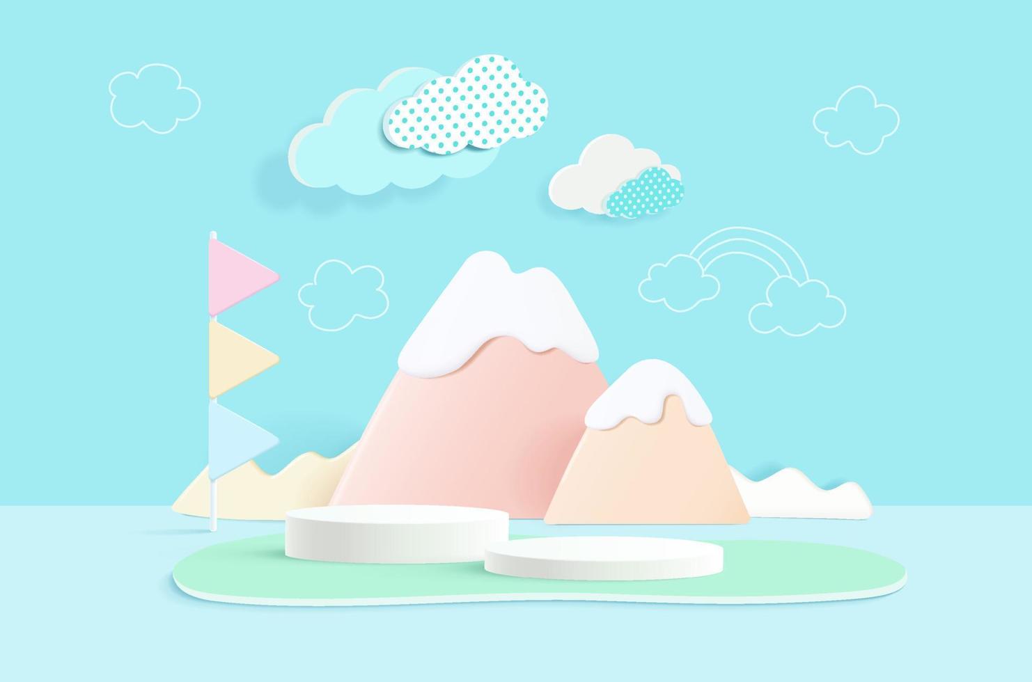 3D rendring of colorful pastel clouds and rainbow with empty space for kids or baby product. vector