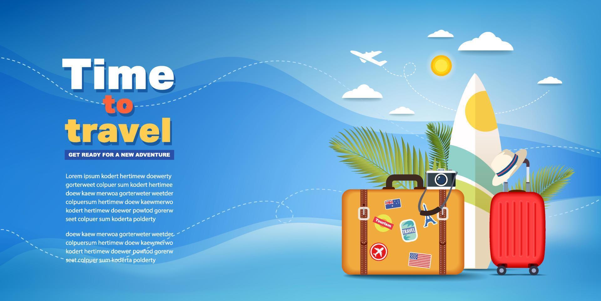 Ilustración de vector de concepto de viaje en diseño de estilo plano. plantilla de banner de viaje. fondo de vacaciones