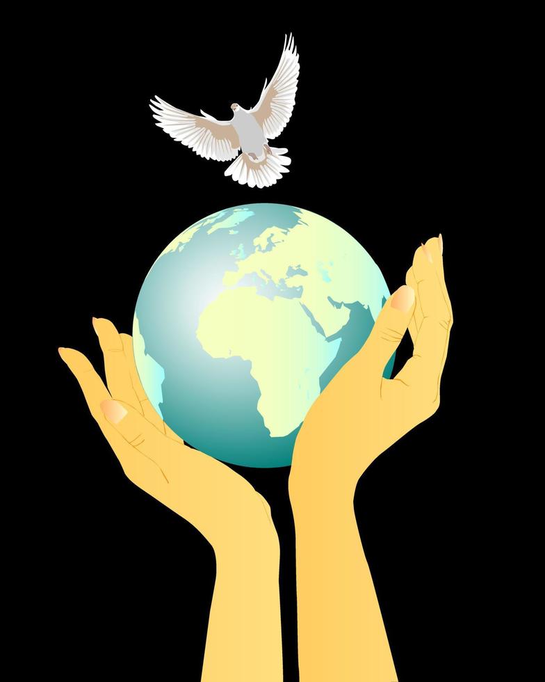 Hands holding globe and a flying pigeon vector