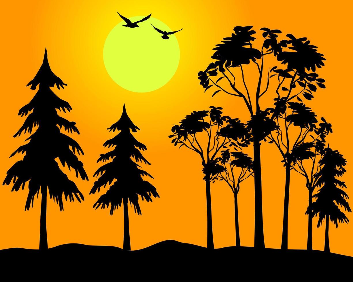 Black silhouette of wood on an orange background vector