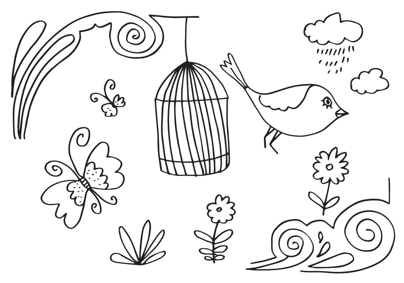 card with bird and butterfly with birdcage hanging from flower branch on white background. vector