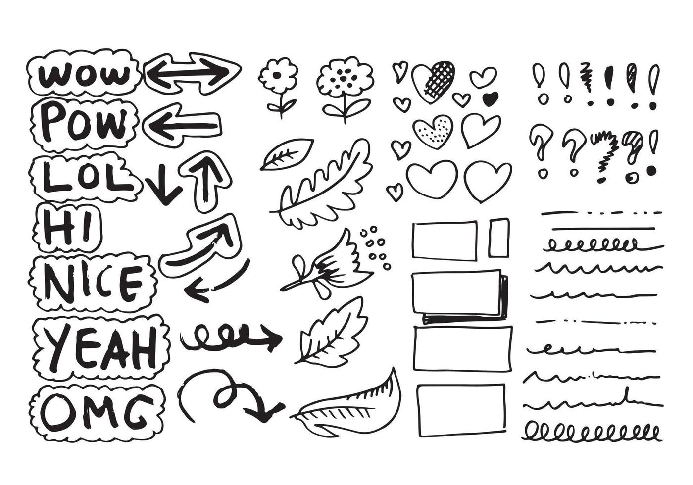 doodle flower hand graffiti set, arrows, business, universal, hearts, frames, exclamation marks, question marks, underline and speech bubbles. vector