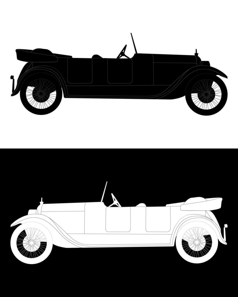 black and white silhouette of a retro car in a white and black backgrounds vector