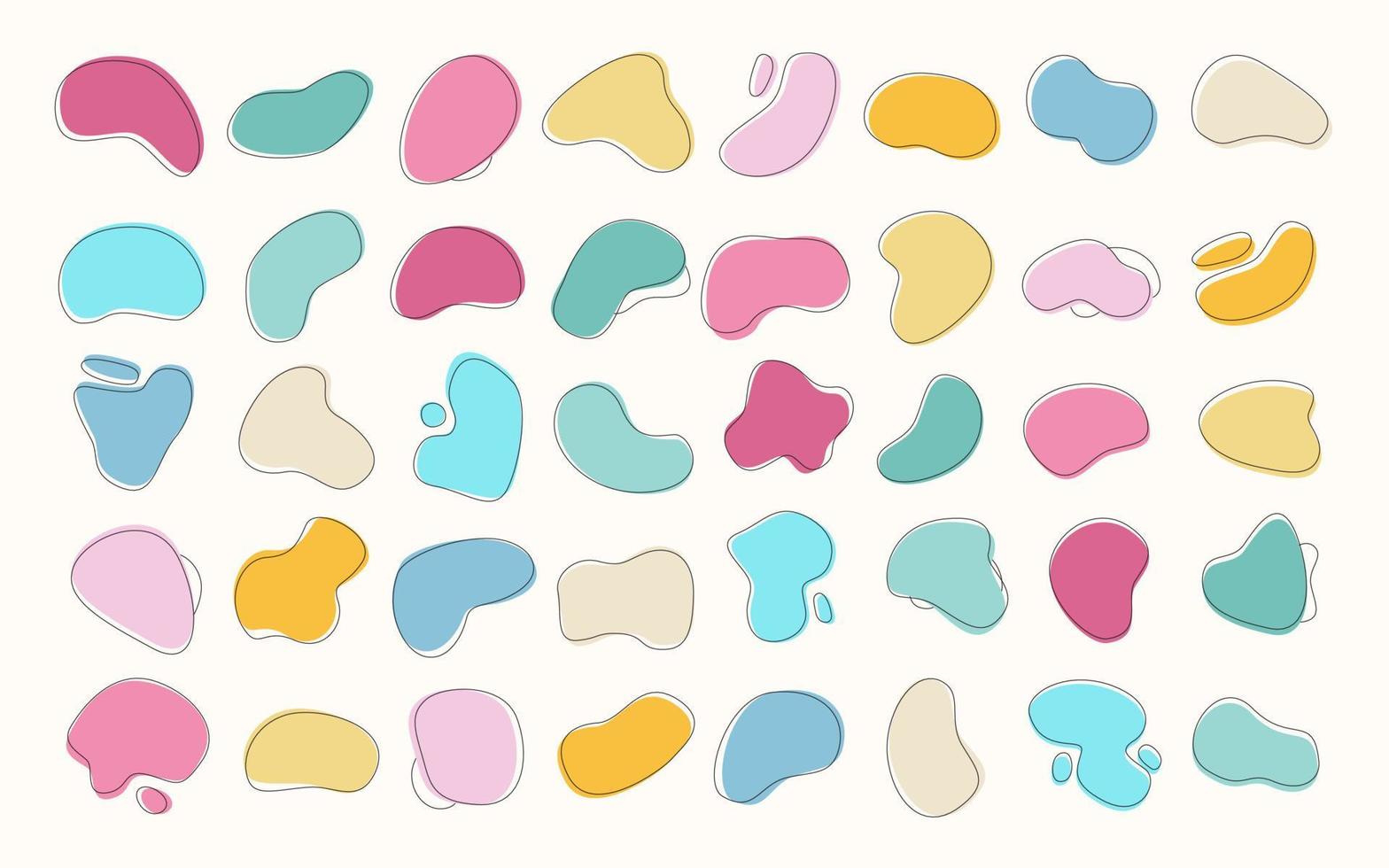 Abstract blotch shape collection.  Modern graphic blobs elements in pastel tones and editable strokes, line art set. Gradient abstract liquid shapes. Vector illustration.