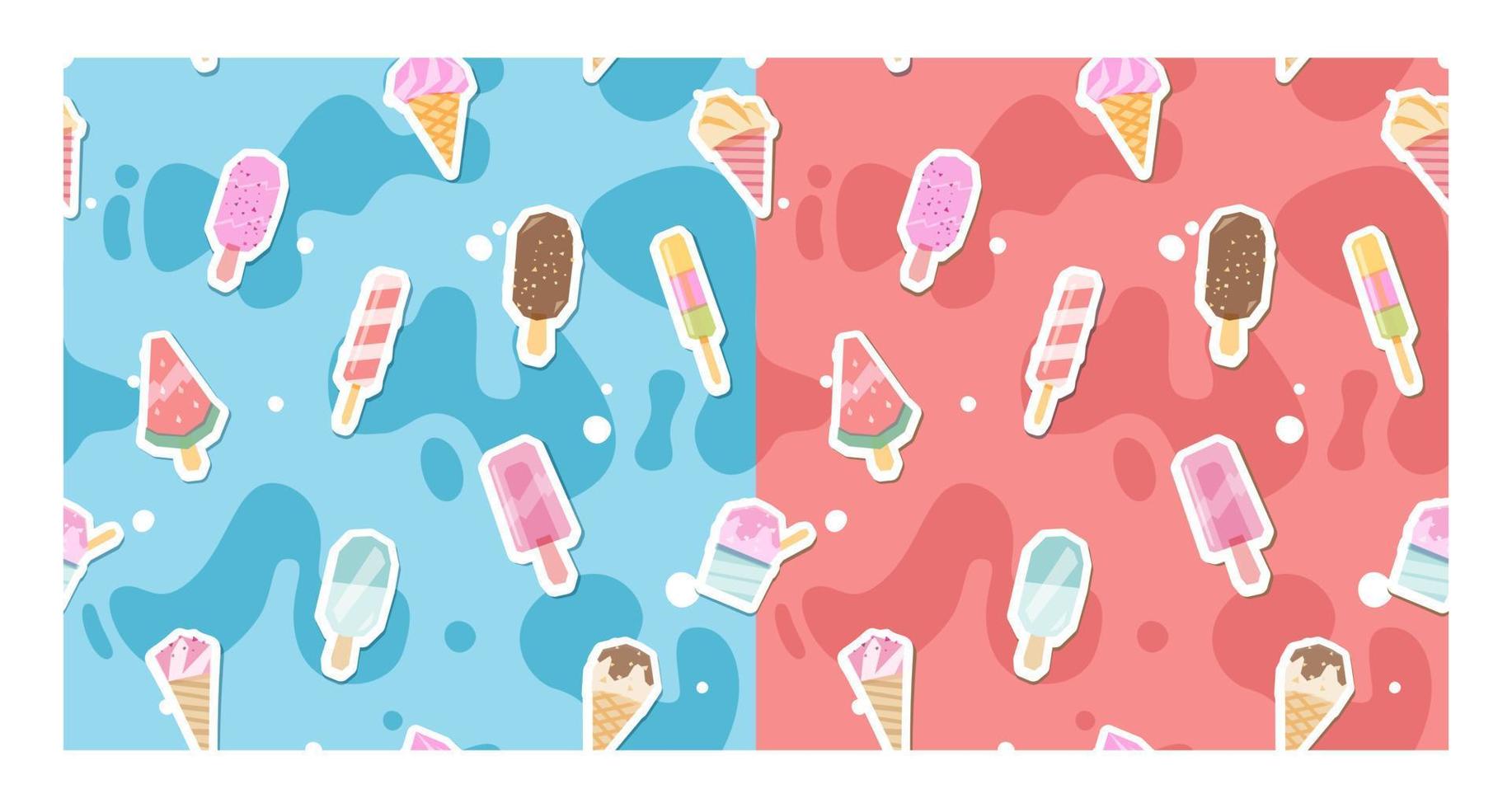 Ice Cream juicy summer seamless pattern, red and blue background. Cartoon Ice cream stickers colorful background. vector