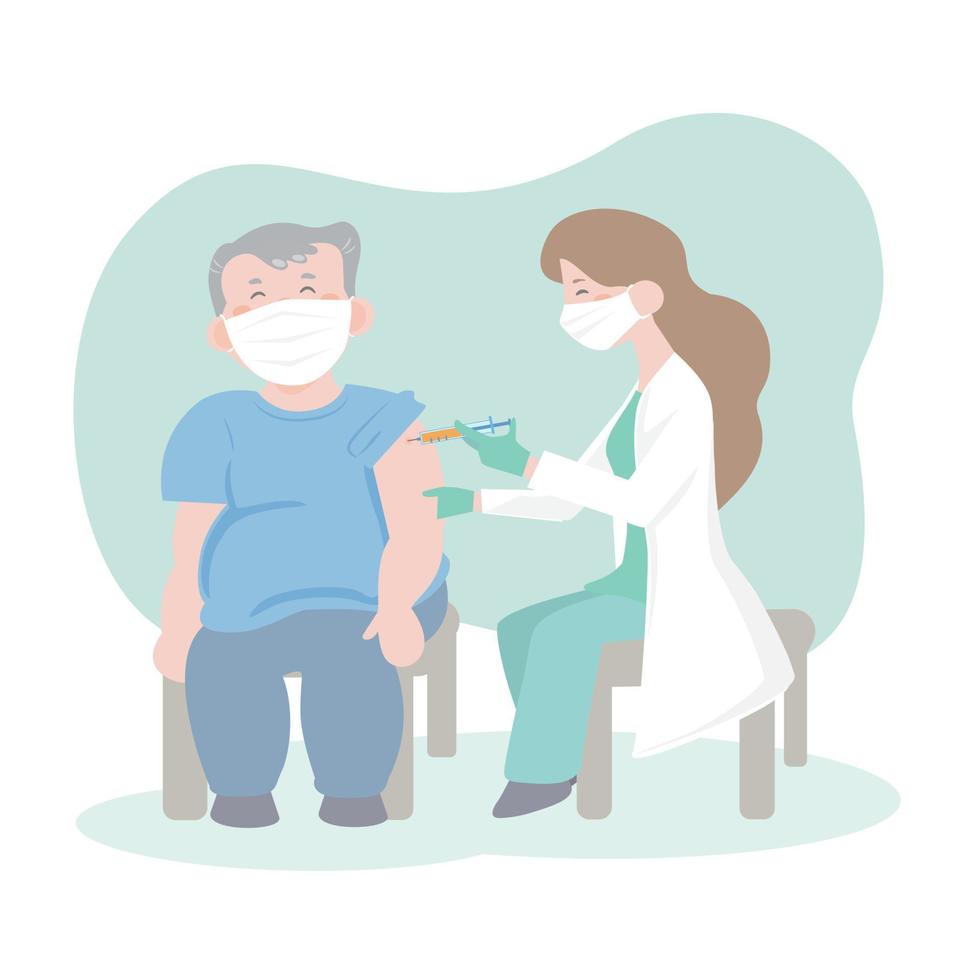 Doctor  giving vaccine to elderly people. senior fat man and doctor woman. Time to vaccinate. vaccination of the high risk people.flat design vector illustion.