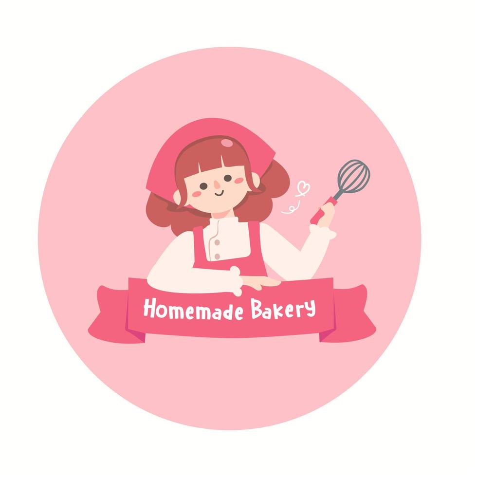 Cute girl wear pink arpon.Young woman cooking.homemade bakery concept.flat design vector illustion for logo bakery and label design.logo elements. Wearing arpon and chef uniform.
