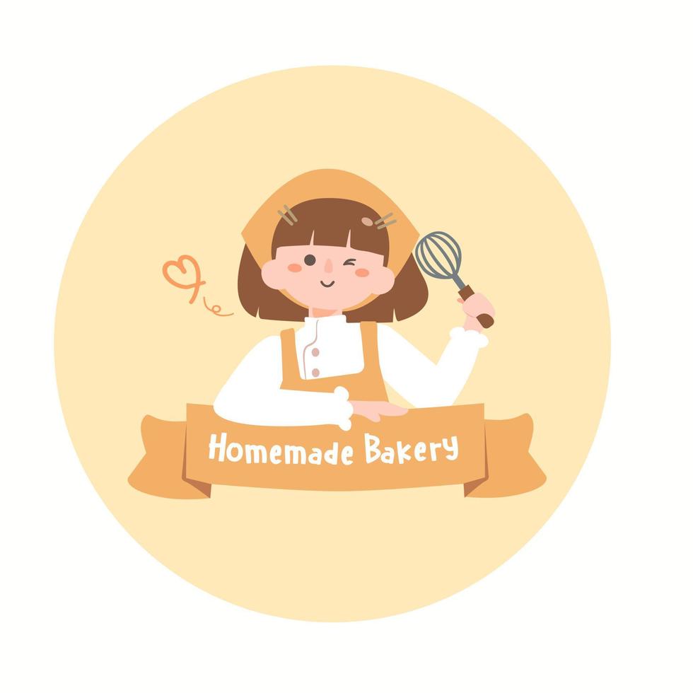 Cute girl chef logo.homemade bakery concept.flat design vector illustion for logo bakery and label design.logo elements. Wearing arpon and chef uniform.