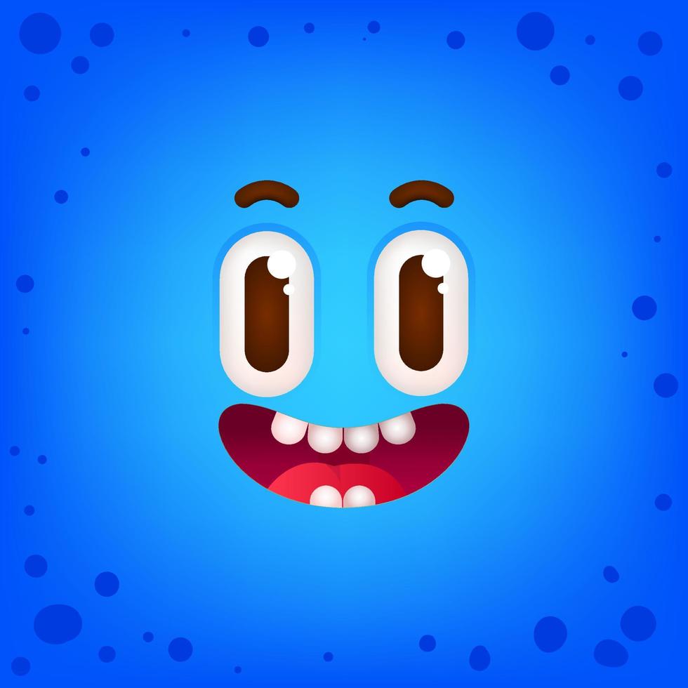 cara divertida de dibujos animados. ilustración de cara sonriente de monstruo azul. lindas emociones divertidas con ojos grandes vector