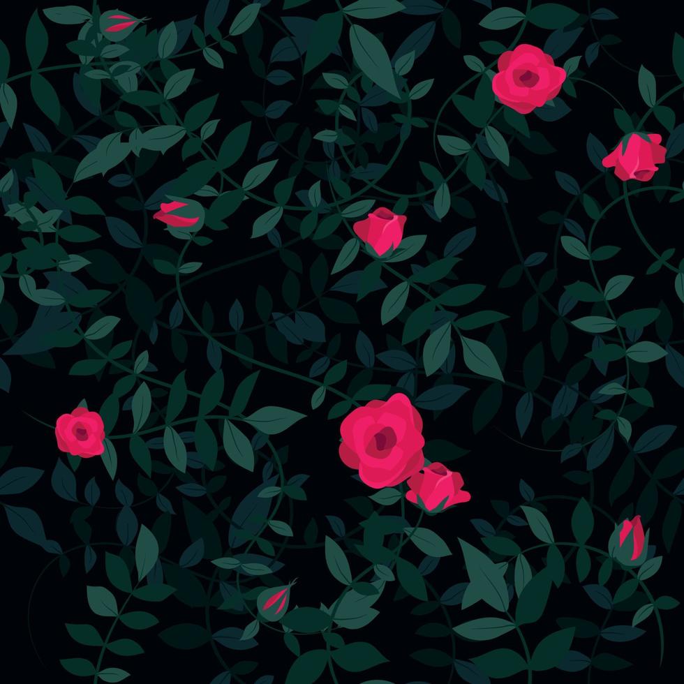 verde oscuro con flores rojas patrón de vector transparente rosas superposición de planta de vid trepadora con hojas y floración. diseño de fondo floral en capas