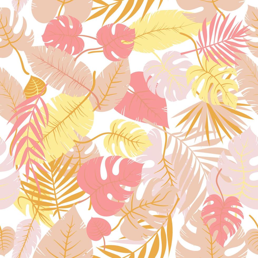 Cute pastel colors monstera and palm leaves. Seamless vector yellow, coral, beige tropic leaves jungle plant pattern in layers. Suitable for fashion summer exotic wallpaper, wrapping, and background.