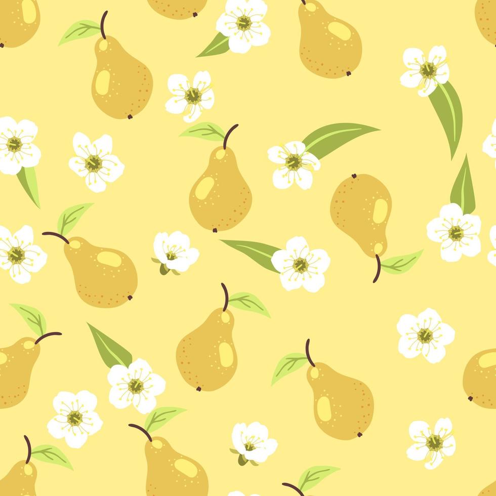 patrón de pera de otoño de verano lindo sin costuras con frutas, hojas, flores blancas sobre fondo amarillo pastel. cubierta de ilustración vectorial, textura de papel pintado, telón de fondo envolvente, embalaje vintage. vector