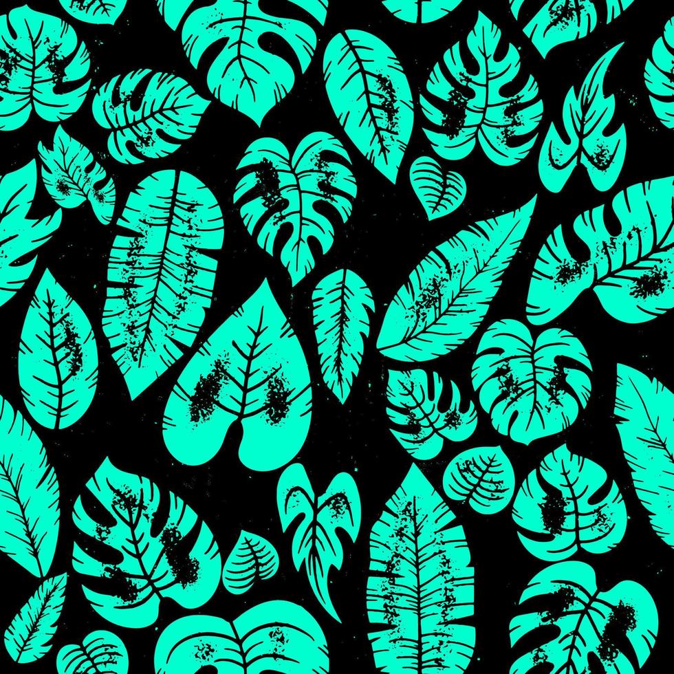 Seamless vector cyan tropic leaves jungle plant pattern vintage tropical exotic leaves of different types. Jungle plants. Hibiscus, monstera and palm leaves. Grunge black botanical background.