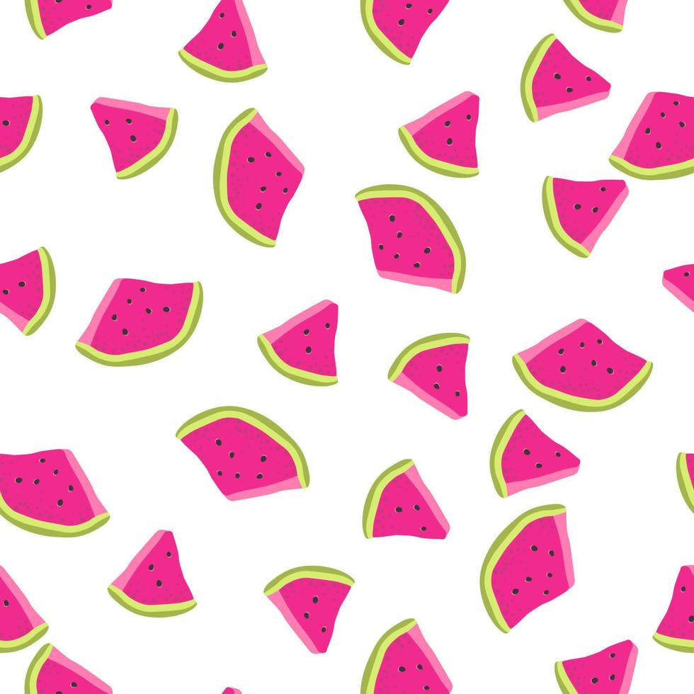 Summer seamless vector pattern with watermelon slices on white background. Hand drawn exotic fruit in cute ornament for textile, wrapping paper or print.