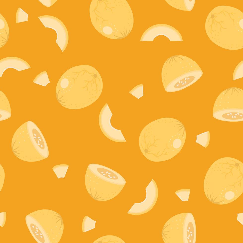 melón entero y rebanada de patrones sin fisuras sobre fondo naranja con semilla. fondo de patrón de melón de miel amarillo fresco. ilustración vectorial de frutas. vector