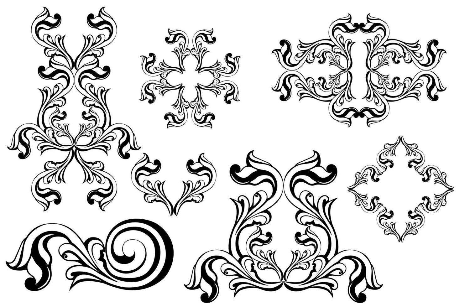 Vector damask vintage baroque scroll ornament swirl. Victorian monogram heraldic shield swirl.Retro floral leaf pattern border foliage antique  acanthus calligraphy engraved tattoo. Tile decor element