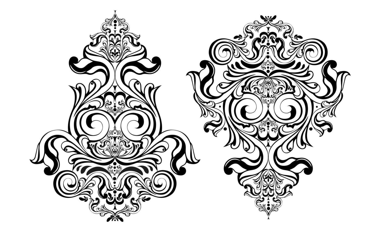 Remolino de ornamento de pergamino barroco vintage de damasco vectorial. escudo heráldico del monograma victoriano remolino. patrón de hoja floral retro borde follaje antiguo acanto caligrafía grabado tatuaje. elemento de decoración de azulejos vector