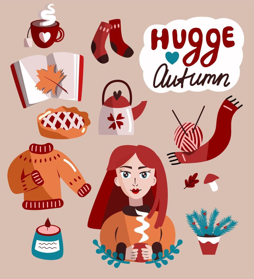 Set of cozy autumn stickers. Hugge vector illustration.
