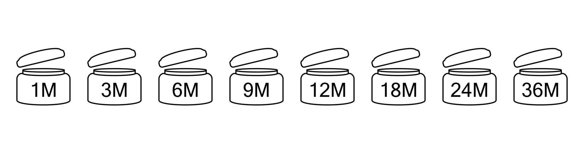 Open jar icon for labeling cosmetics. Set of linear black illustrations indicating the date of use for product. vector