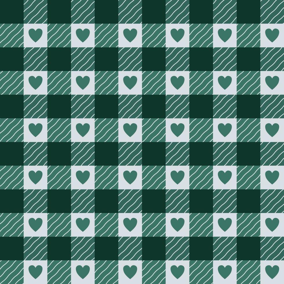 Seamless green Vichy check pattern with hearts. vector