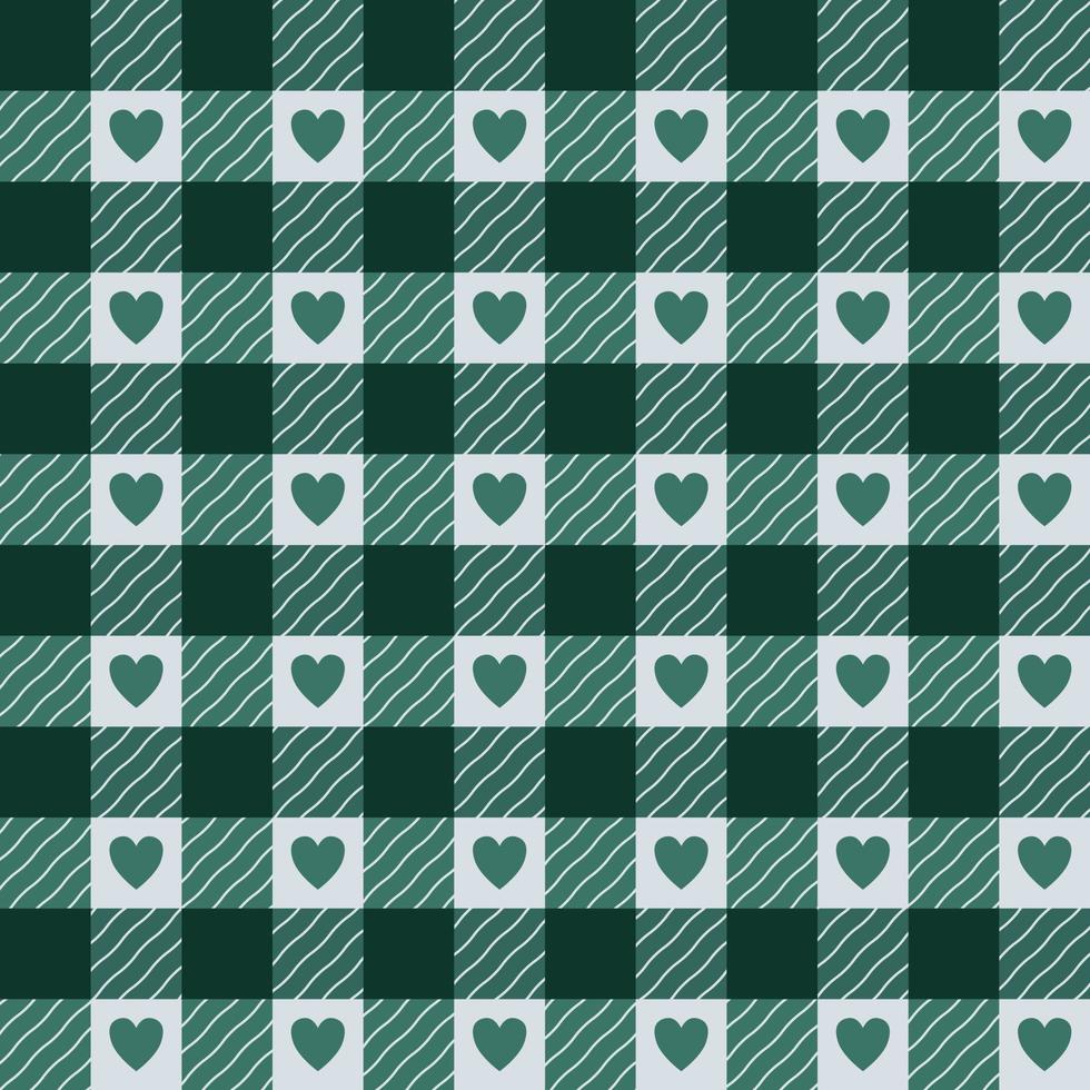 Seamless green Vichy check pattern with hearts. vector