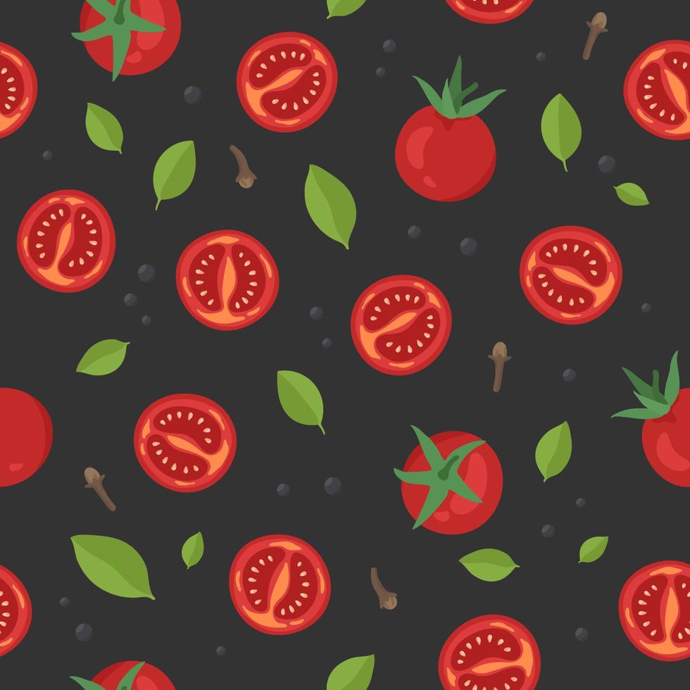 Seamless pattern with tomatoes, basil leaves and spices. Bright elements on dark background. vector