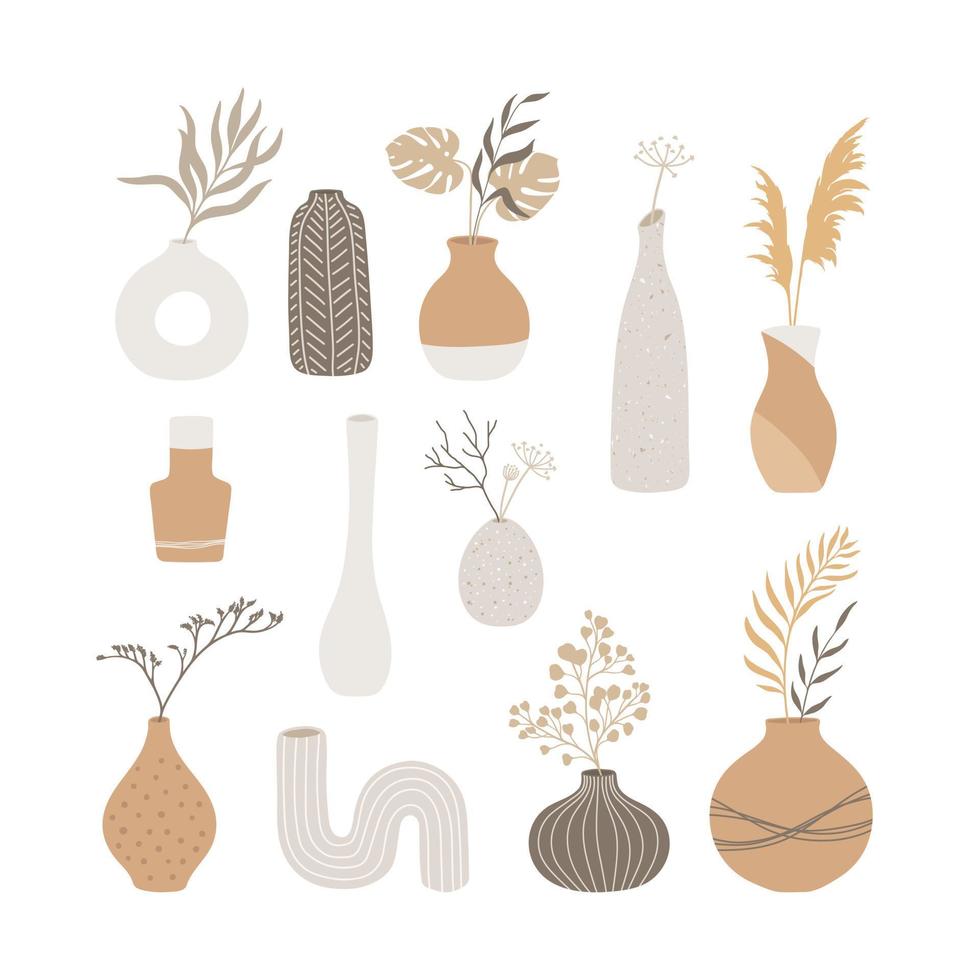Set of different boho style vases with plants. Simple illustration in pastel colors vector