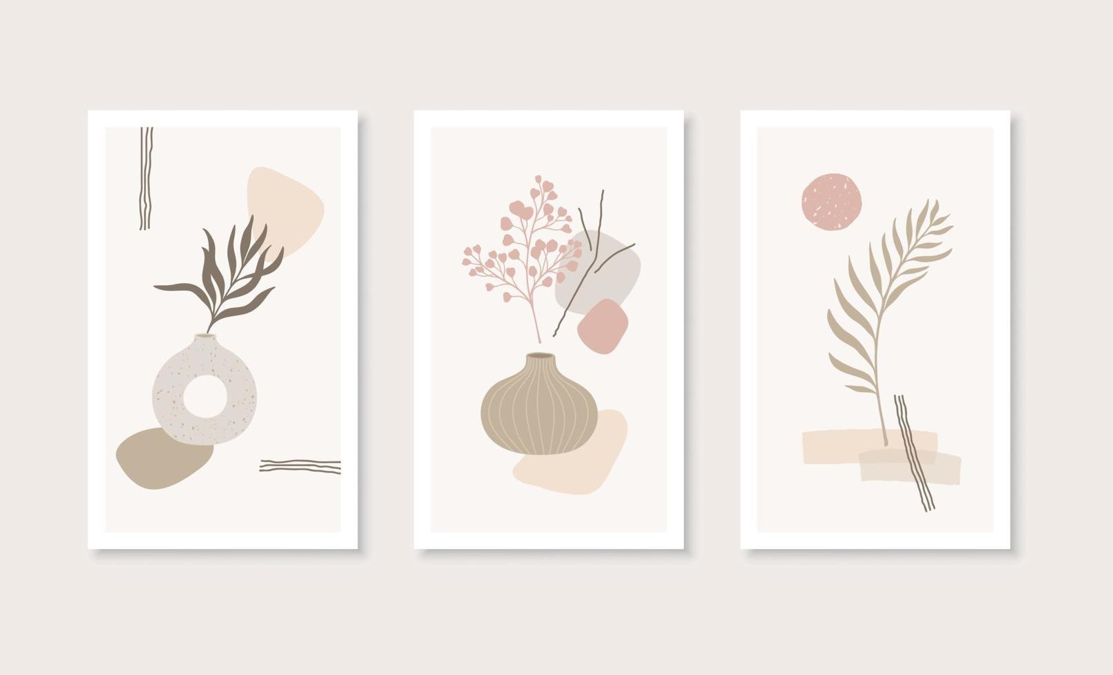 Botanical, vases and abstract shapes wall art set in boho style. Minimalist elements for poster, postcard, wallpaper, cover. Natural colors. vector