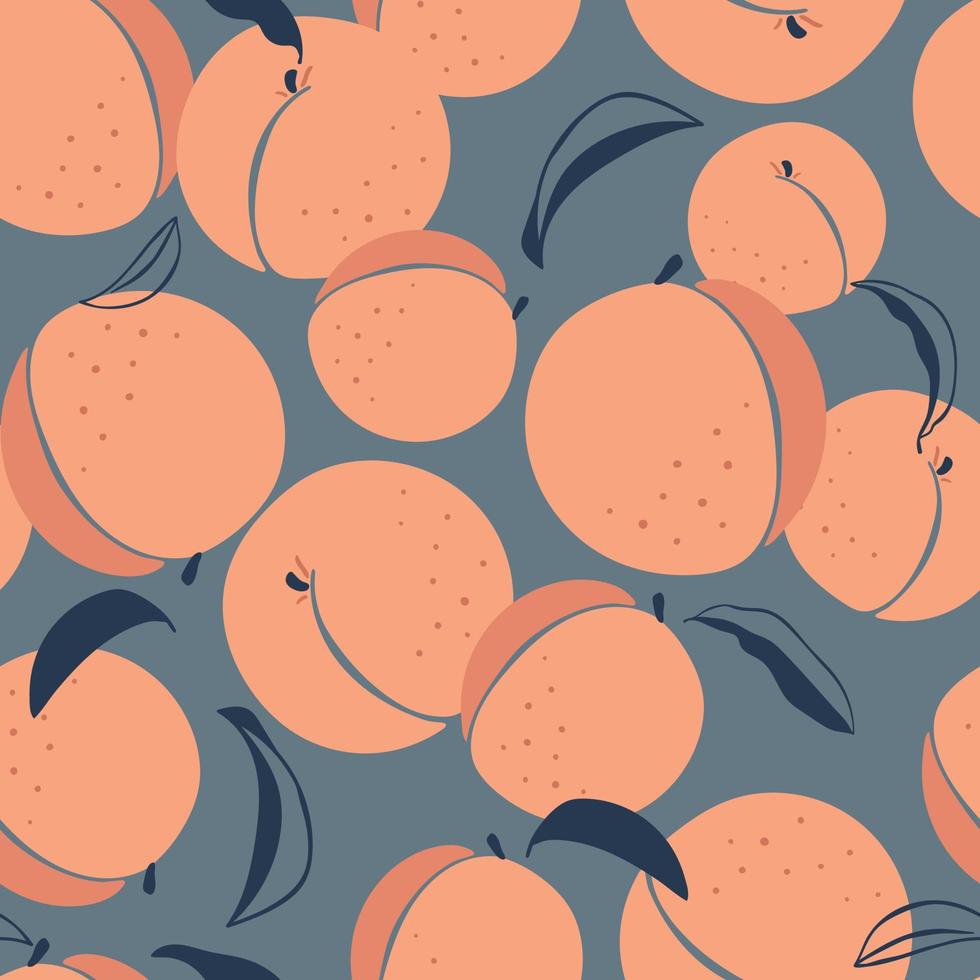 Seamless pattern with hand dawn peaches and leaves on grey background. vector