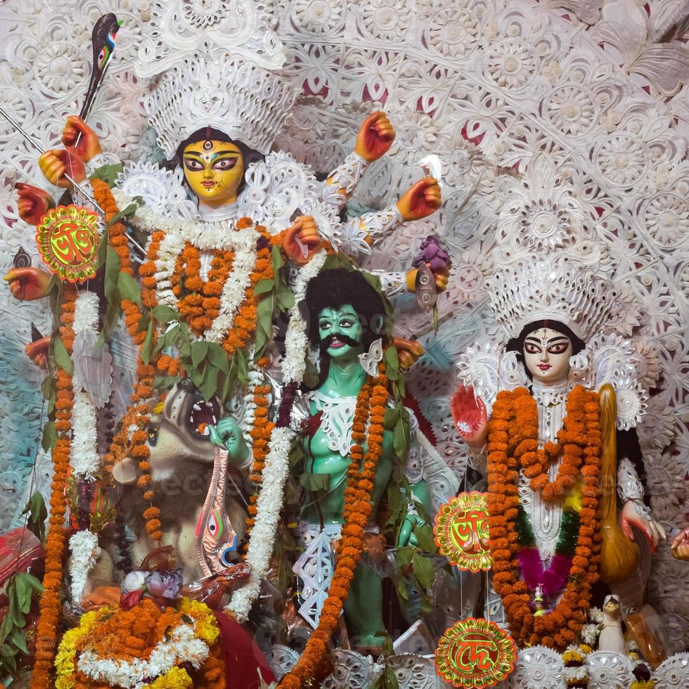 Goddess Durga with traditional look in close up view at a South Kolkata Durga Puja, Durga Puja Idol, A biggest Hindu Navratri festival in India photo