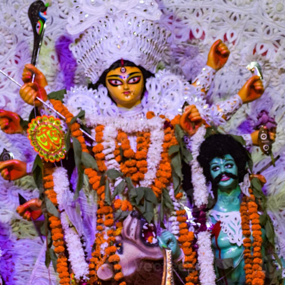 Goddess Durga with traditional look in close up view at a South Kolkata Durga Puja, Durga Puja Idol, A biggest Hindu Navratri festival in India photo