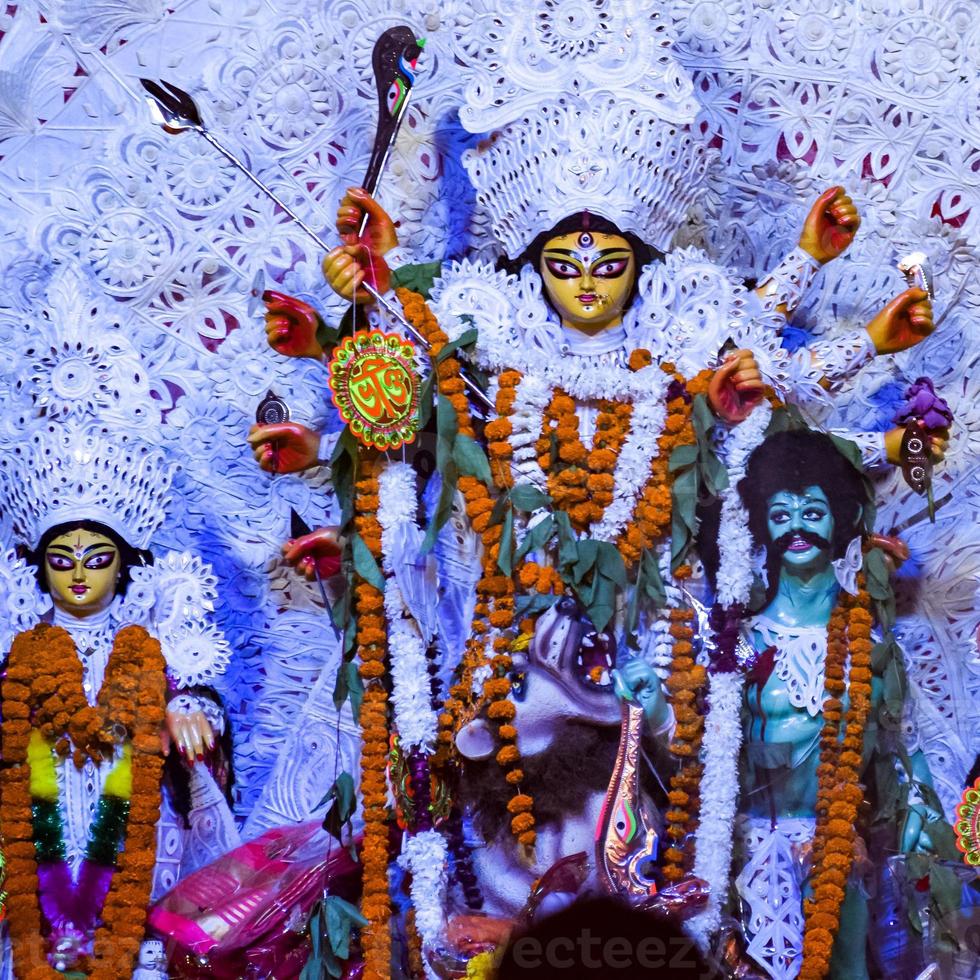 Goddess Durga with traditional look in close up view at a South Kolkata Durga Puja, Durga Puja Idol, A biggest Hindu Navratri festival in India photo