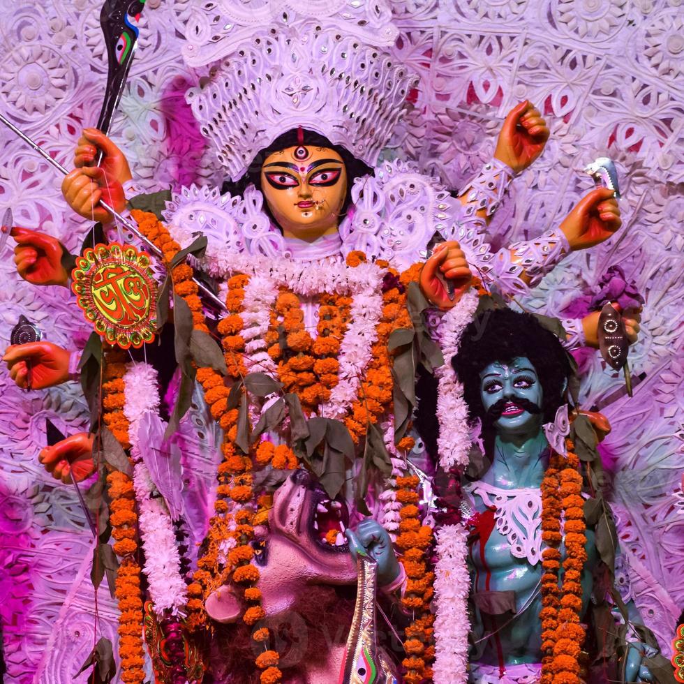 Goddess Durga with traditional look in close up view at a South Kolkata Durga Puja, Durga Puja Idol, A biggest Hindu Navratri festival in India photo