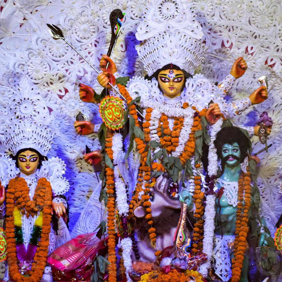 Goddess Durga with traditional look in close up view at a South Kolkata Durga Puja, Durga Puja Idol, A biggest Hindu Navratri festival in India photo