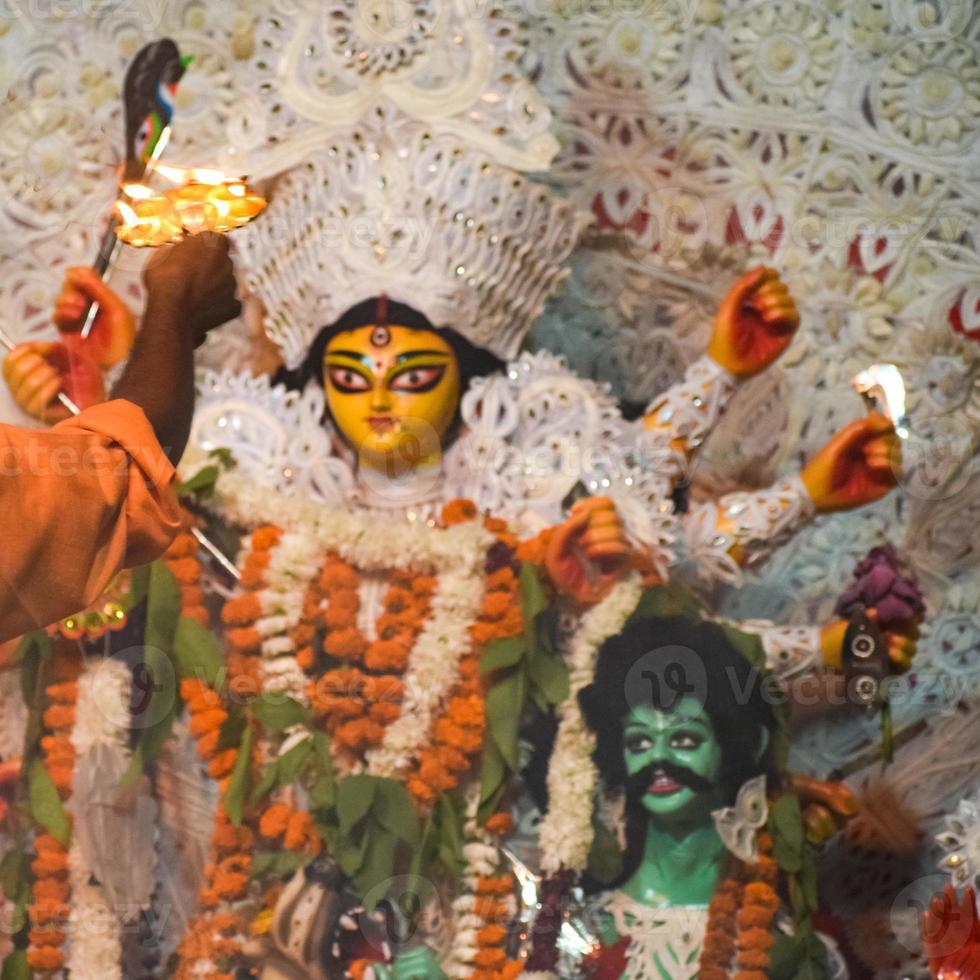 Goddess Durga with traditional look in close up view at a South Kolkata Durga Puja, Durga Puja Idol, A biggest Hindu Navratri festival in India photo