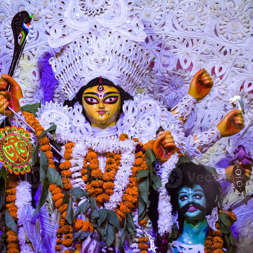 Goddess Durga with traditional look in close up view at a South Kolkata Durga Puja, Durga Puja Idol, A biggest Hindu Navratri festival in India photo