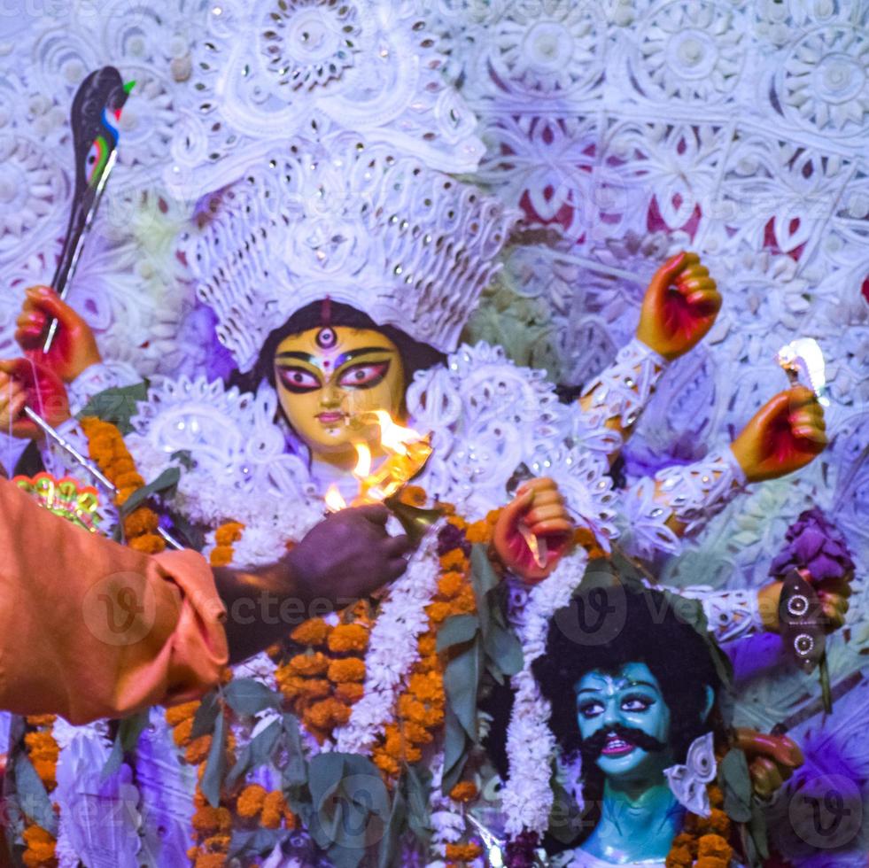 Goddess Durga with traditional look in close up view at a South Kolkata Durga Puja, Durga Puja Idol, A biggest Hindu Navratri festival in India photo