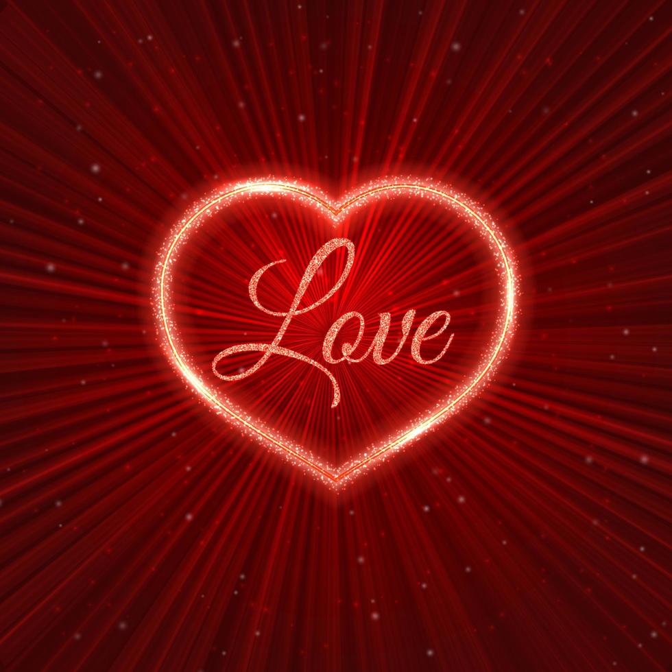 Red Valentines day greeting card with sparkling heart on shiny rays background. Romantic vector illustration. Easy to edit design template.