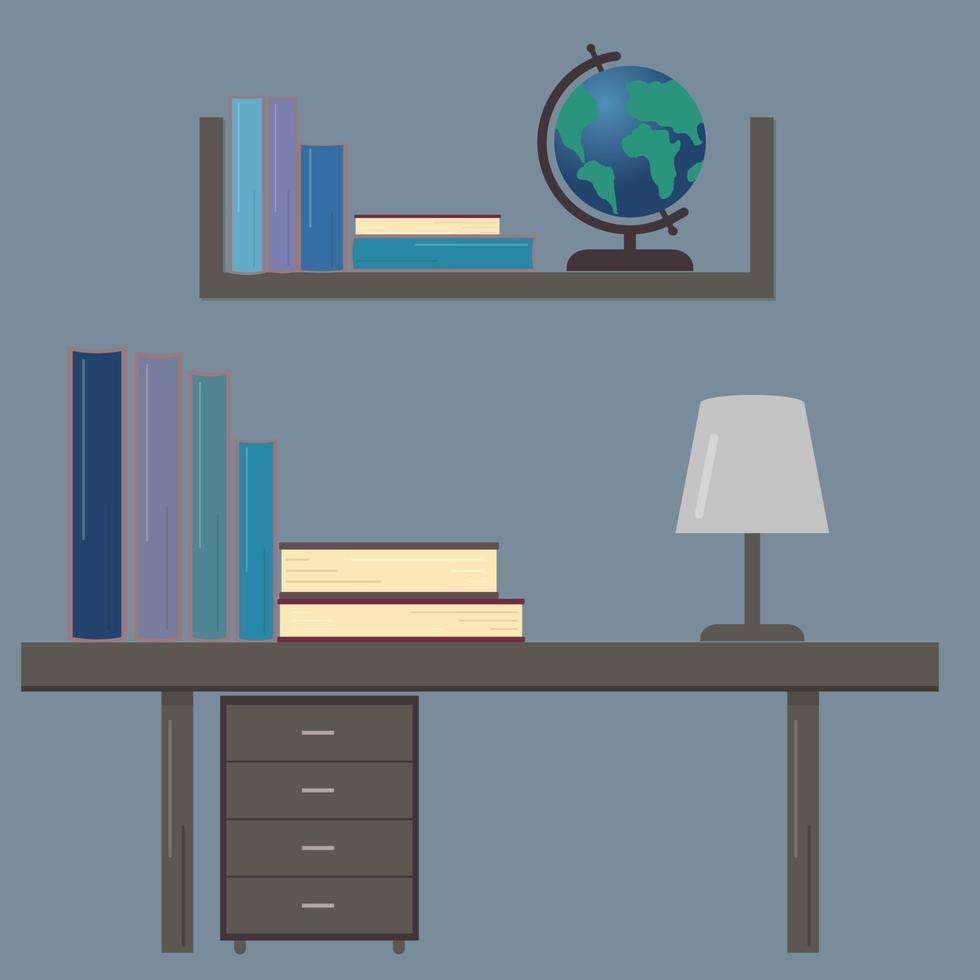 escritorio con libros y globo. lugar de trabajo del estudiante. concepto de educación plantilla de diseño vectorial para sus obras de arte, sitios web, redes sociales, etc. vector