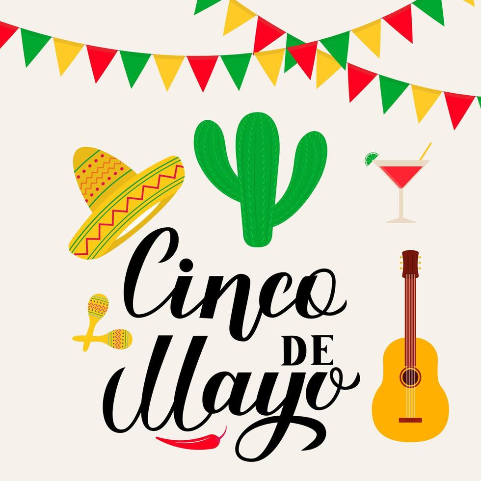 Letras de cinco de mayo con símbolos tradicionales mexicanos sombrero, cactus, pimienta, guitarra, maracas, margarita, banderas. plantilla fácil de editar para invitación de fiesta, pancarta, afiche, tarjeta de felicitación, volante. vector