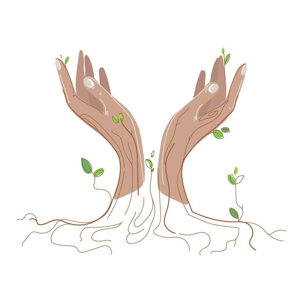 Open hands.Vector illustration of female hands with leaves, branches and roots of trees, isolated on white background on white background.Design element for Beauty industry and Eco concept vector