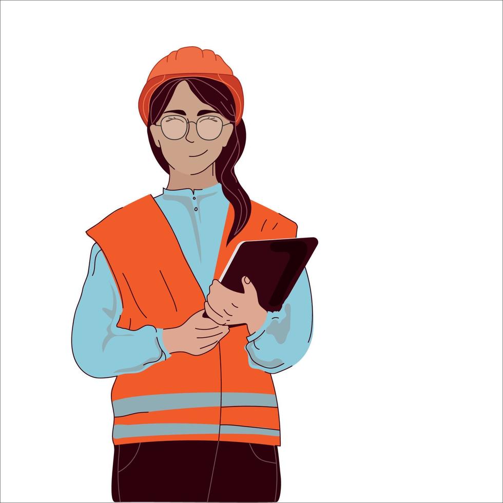 joven con chaleco y casco sostiene una tableta. mujer trabajadora, ingeniera, constructora, ilustración vectorial aislada en fondo blanco. ocupación laboral profesional. vector