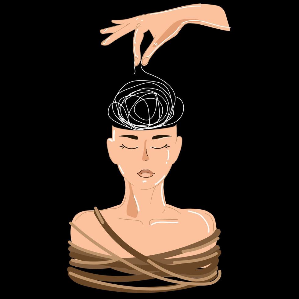 ilustración del concepto de psicoterapia con la mano que desenreda el nudo sucio en la cabeza humana, ilustración vectorial.paciente consultor de psiquiatra. tratamiento de trastornos mentales. vector