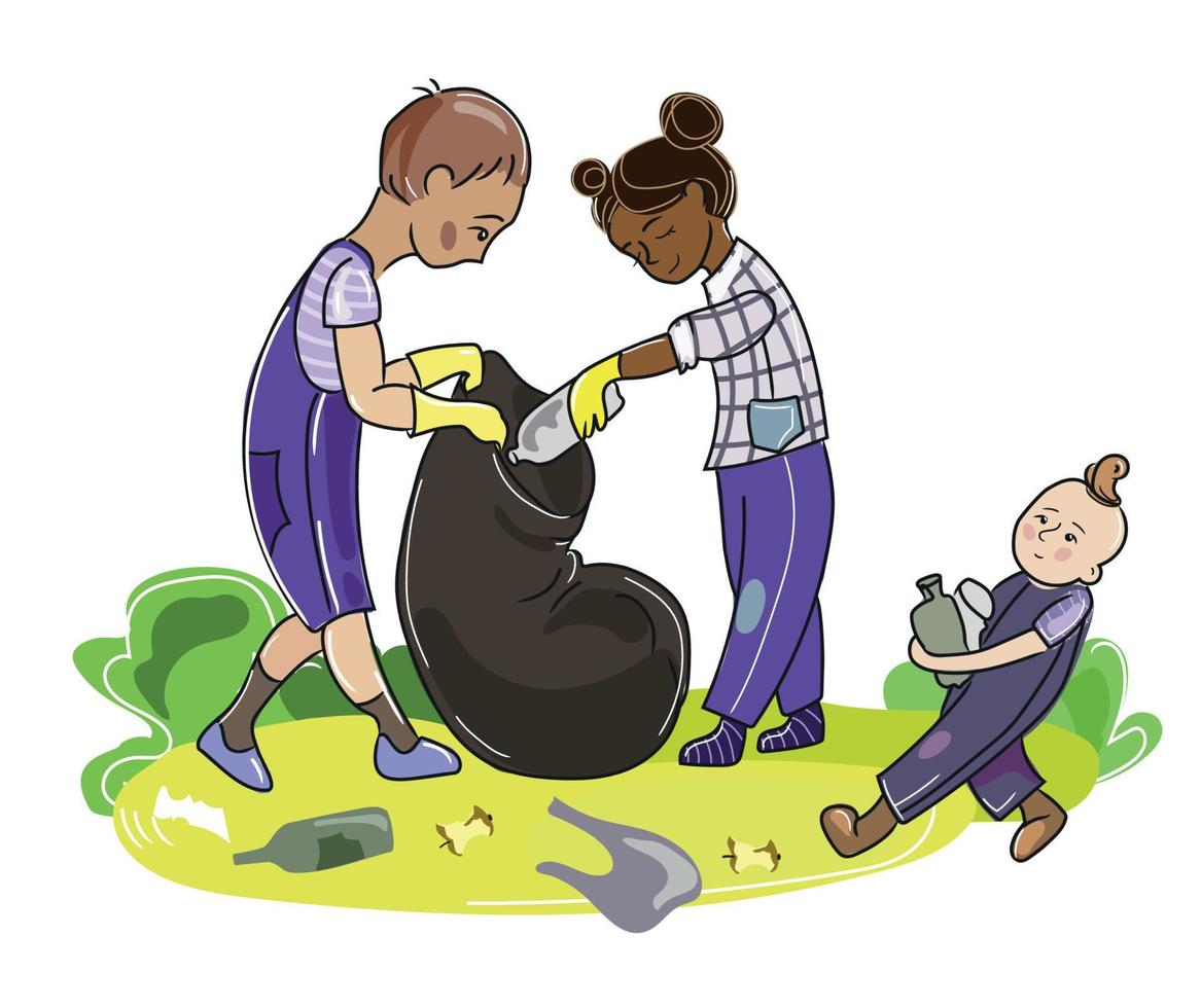 los niños recogen basura en una bolsa para limpiar el parque o la ilustración del vector de la calle. dibujos animados niños multirraciales voluntarios que trabajan juntos limpiando y protegiendo el medio ambiente