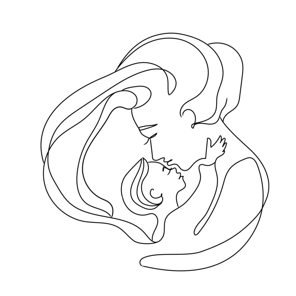Mother and baby concept, continuous line drawing vector illustration on white background.Line art mom kissing her baby.Great design element,emblem,logo,print,etc.Happy motherhood minimalist design