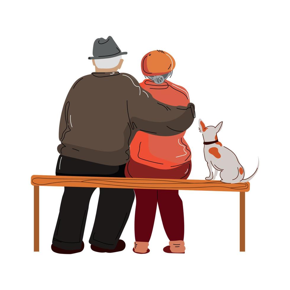 Elderly couple on bench with dog for lifestyle vector illustration isolated  on white background. Aged man and woman,old people walking in the park  together, cartoon characters. elderly couple 7727263 Vector Art at