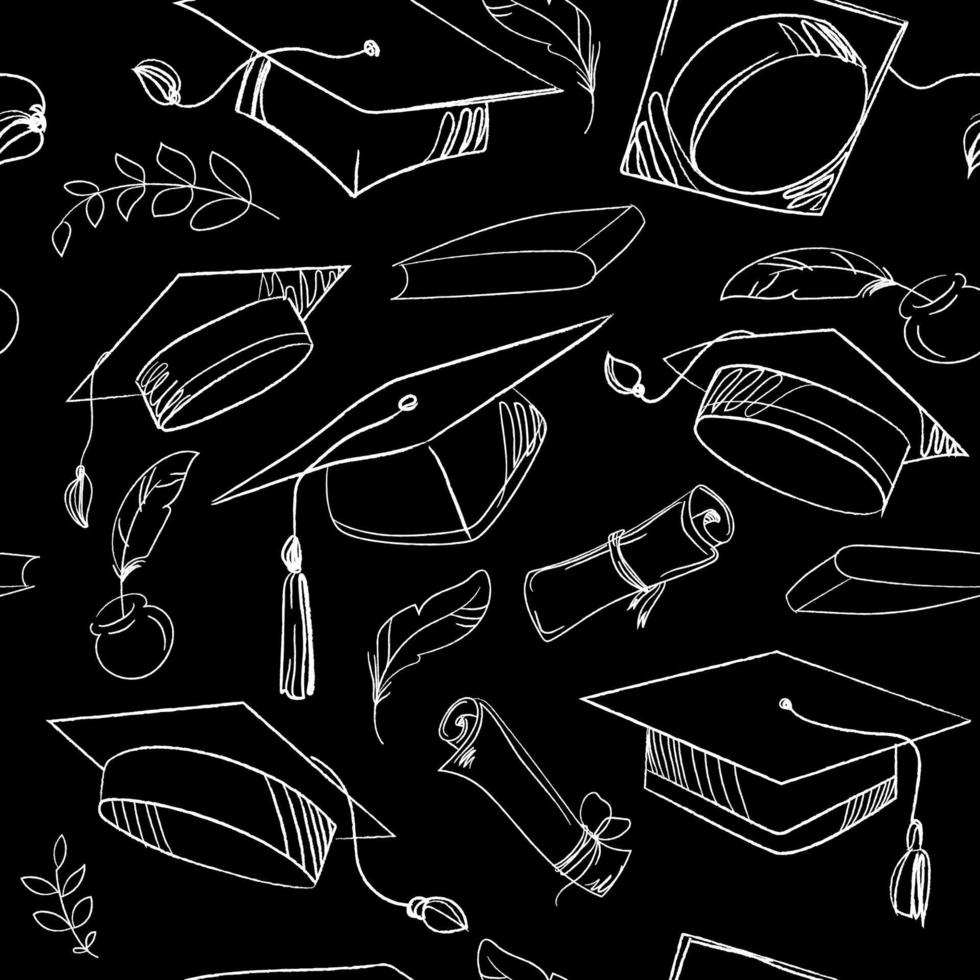 gorro de graduación y desplazamiento de diploma como telón de fondo sin costuras. patrón de símbolo de celebración de educación superior. boceto de gorras académicas sobre fondo negro, patrón sin costuras. ilustración vectorial de contorno vector