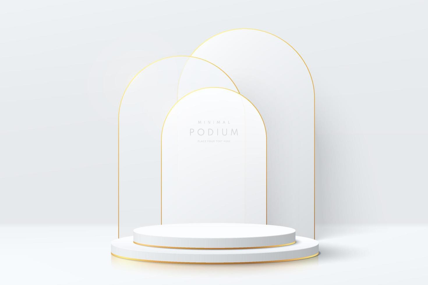 Realistic white and gold cylinder pedestal podium with geometric arch shape scene. Vector abstract room with 3D geometric forms. Luxury minimal scene for mockup products showcase, Promotion display.
